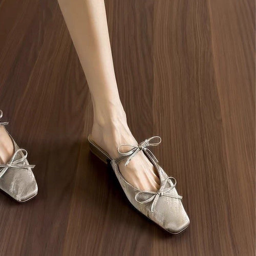 2026 New Women's Bowknot Closed Toe Mule Slippers Elegant Chunky Heel One-Step Slip On Sandals