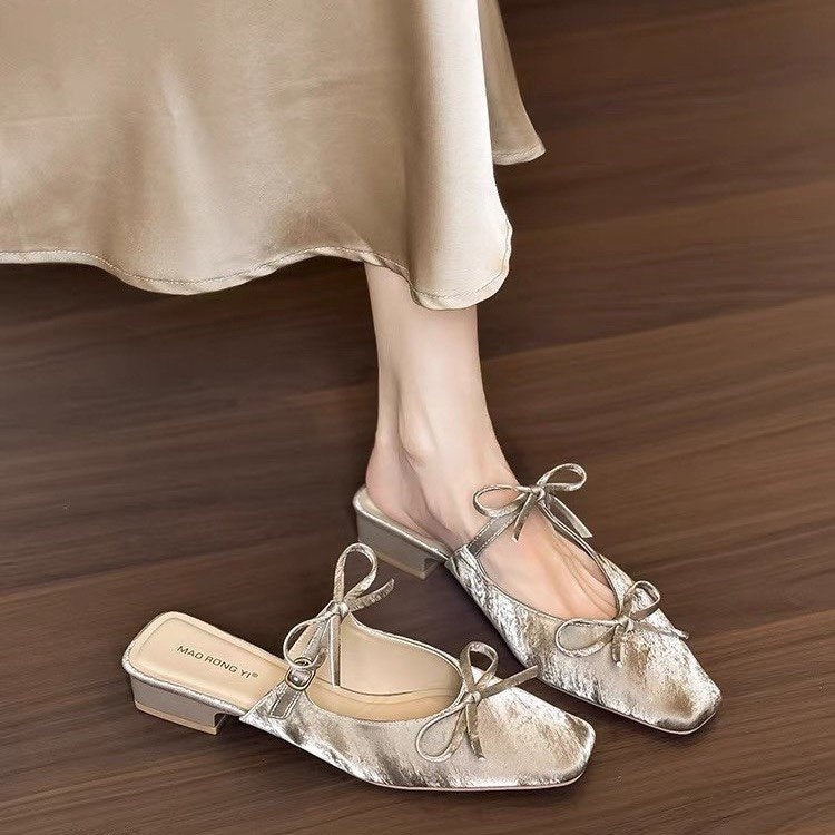 2026 New Women's Bowknot Closed Toe Mule Slippers Elegant Chunky Heel One-Step Slip On Sandals