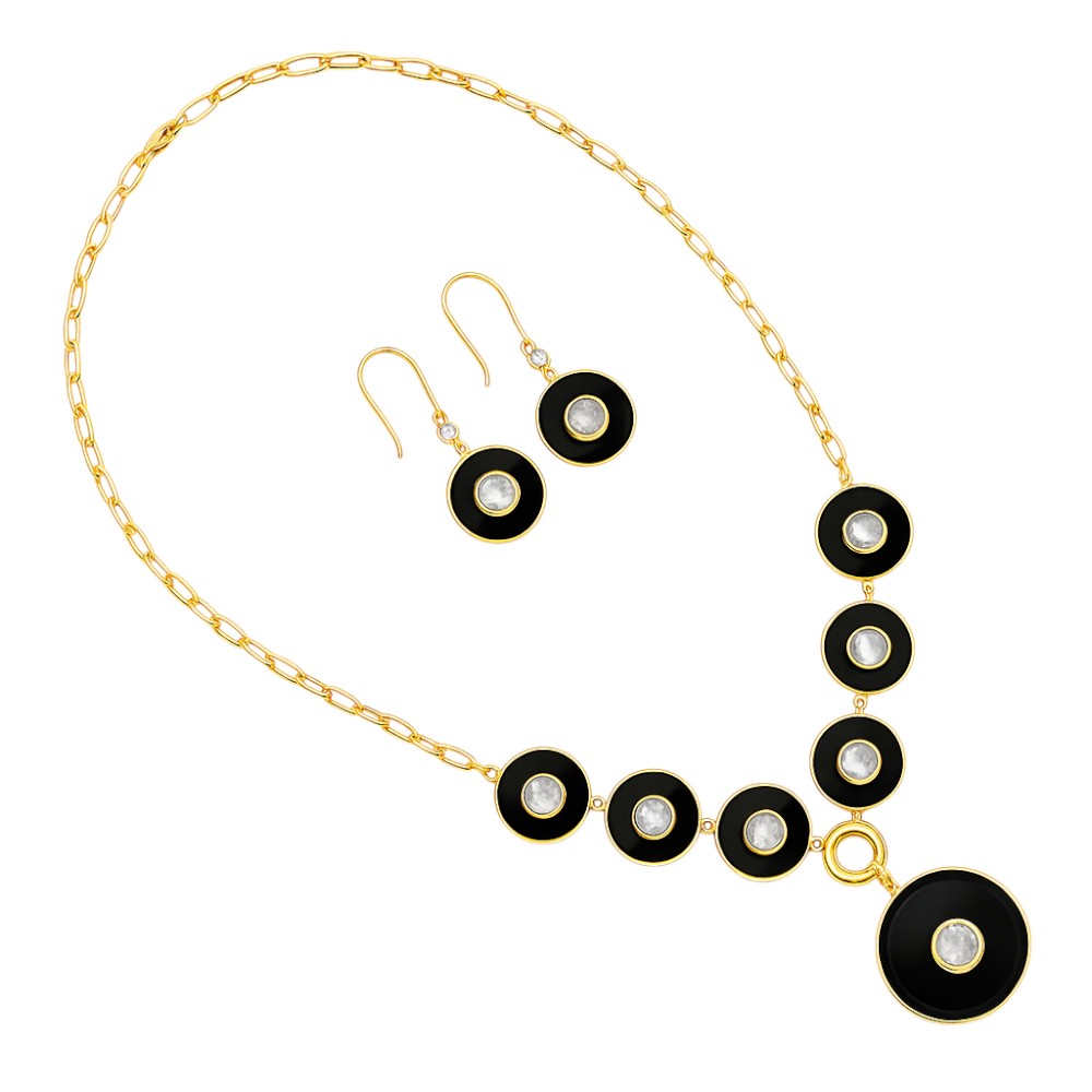 18K Gold Plated Black Onyx and Rainbow Moonstone Necklace Earrings Set TT01011